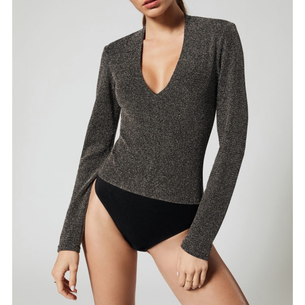 Carbon38 Deep V Neck Sparkle Bodysuit